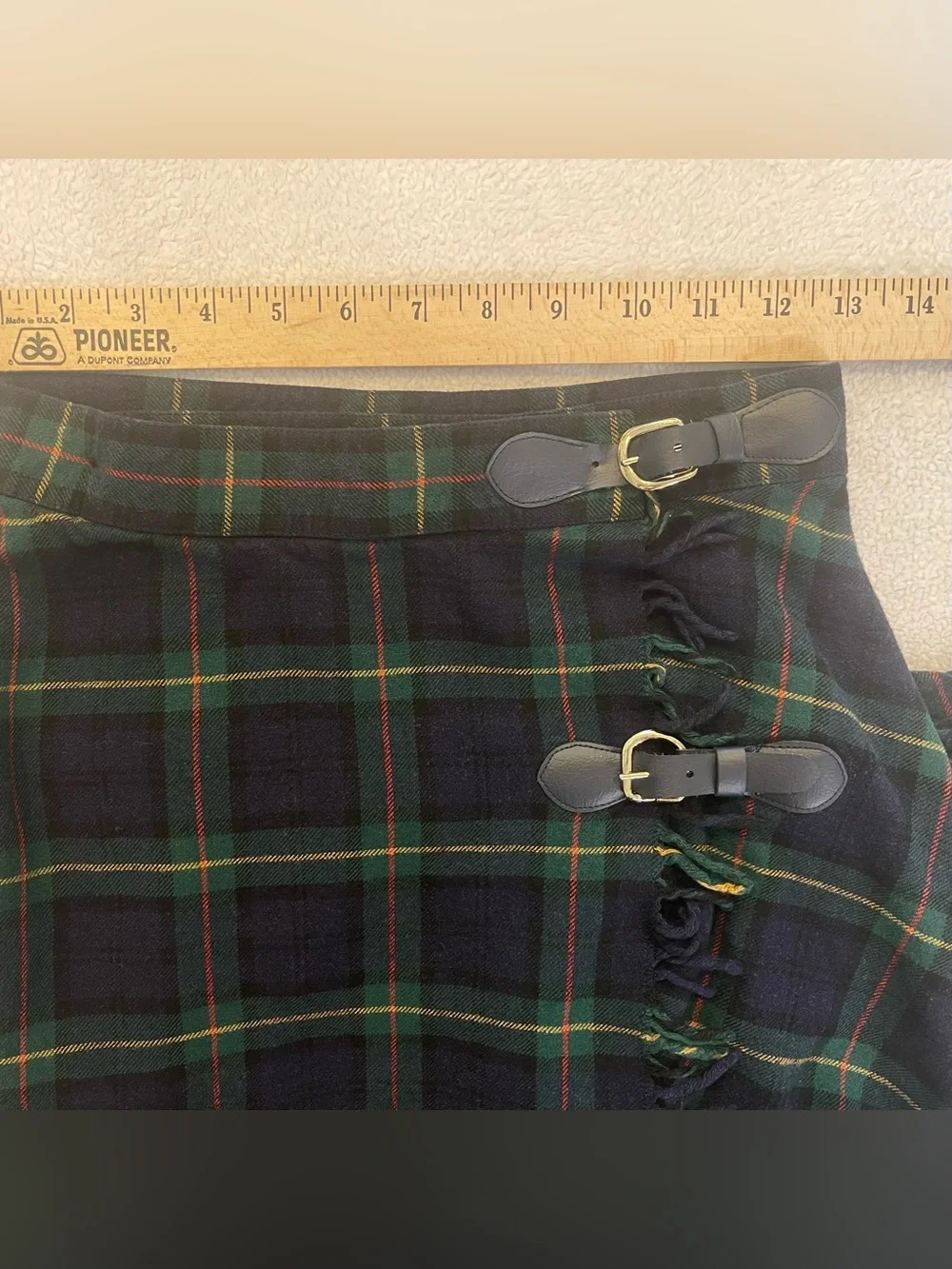 Vintage Y2K LizSport Wool Tartan Wrap Skirt Size 10 Green Plaid Fringe Buckle - Picture 5 of 12